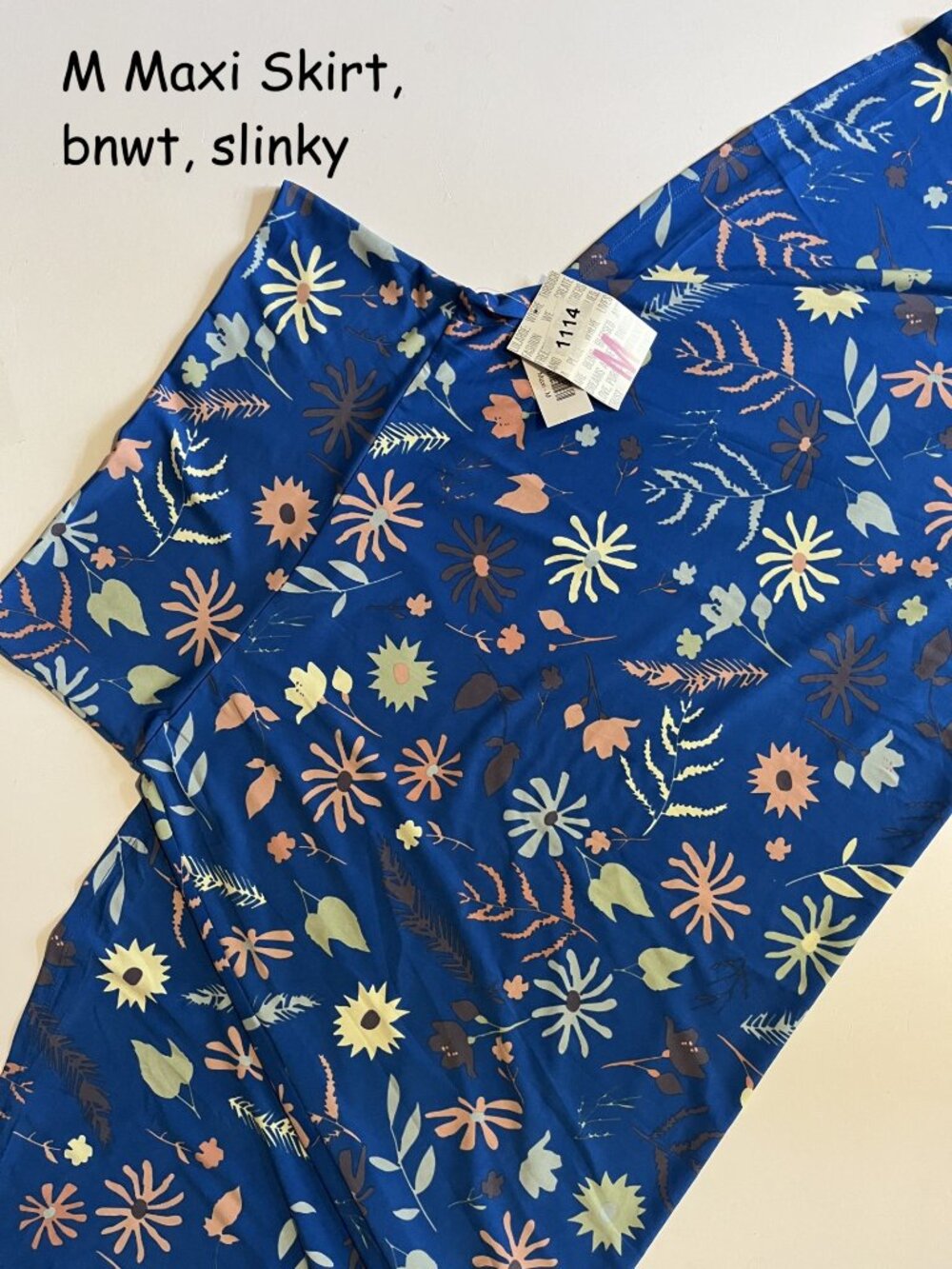 Medium Lularoe Maxi Skirt, blue with pastel flowers, slinky